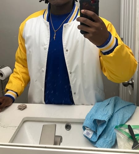 Customer photo review of Custom Royal White Letterman Jacket with Contrast Sleeves Varsity Full-Snap