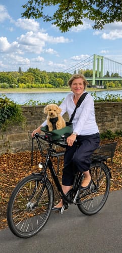 Customer's Kvisp Dog Bike Carrier with a small dog riding on a black bicycle outdoors near a river and bridge.