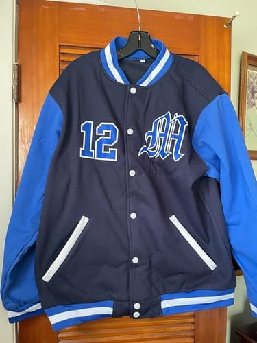 Customer photo review of Custom Gold Purple Varsity Letterman Jackets Personalized Baseball Coats Full-Snap with Contrast Sleeves