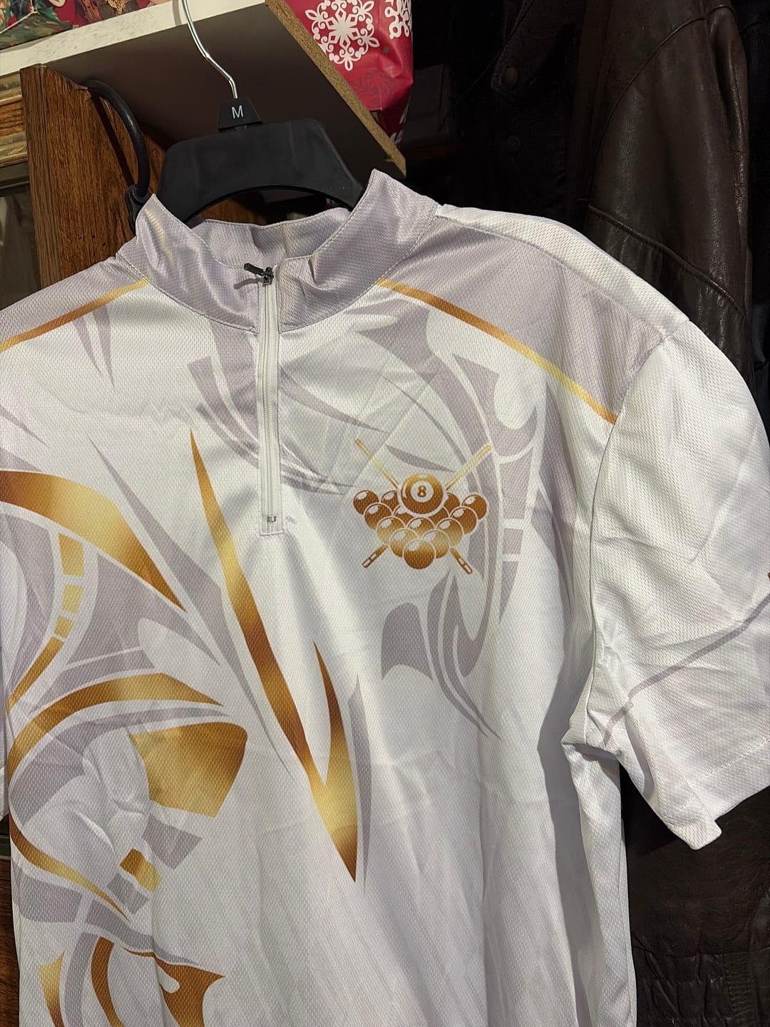 Customer photo review of White And Gold Crown 8 Ball Men's Billiards Shirts Custom Billiard Jersey Team Polo & 1/4 Zip TDM5211