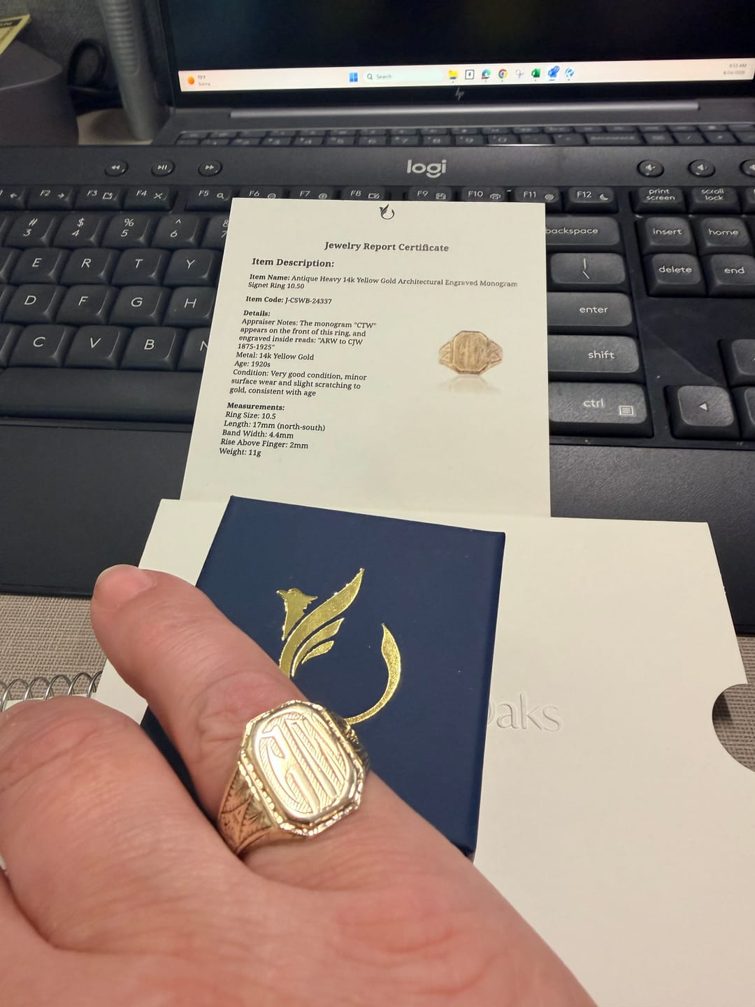 Customer photo review of Antique Heavy 14k Yellow Gold Architectural Engraved Monogram Signet Ring 10.50