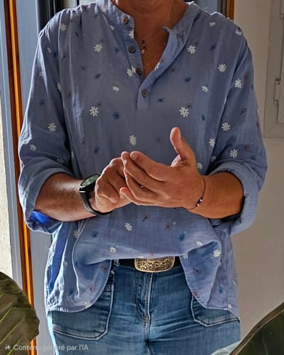 Customer's light blue artsy spring flower blouse worn with jeans and a watch.