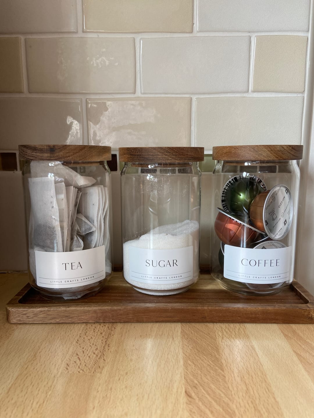 Customer photo review of Set of 3 Acacia Glass Jars Tea, Coffee and Sugar 750 ML & Rectangle Tray [LABEL SLIM]