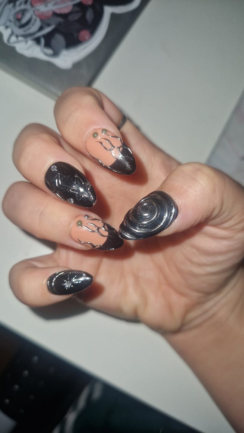 Customer photo review of Black Press On Nails, Gothic Punk Rock Nails, Goth Silver Mirror Effect With Nude French DarkNailz