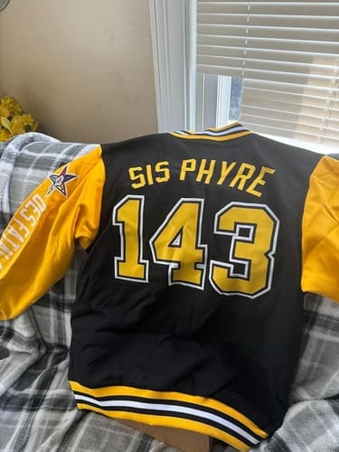 Customer photo review of Custom Black Gold Letterman Jacket with Contrast Sleeves Varsity Full-Snap