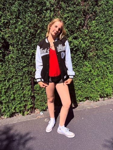 Customer photo review of Custom Black White-Black Letterman Jacket with Contrast Sleeves Varsity Full-Snap