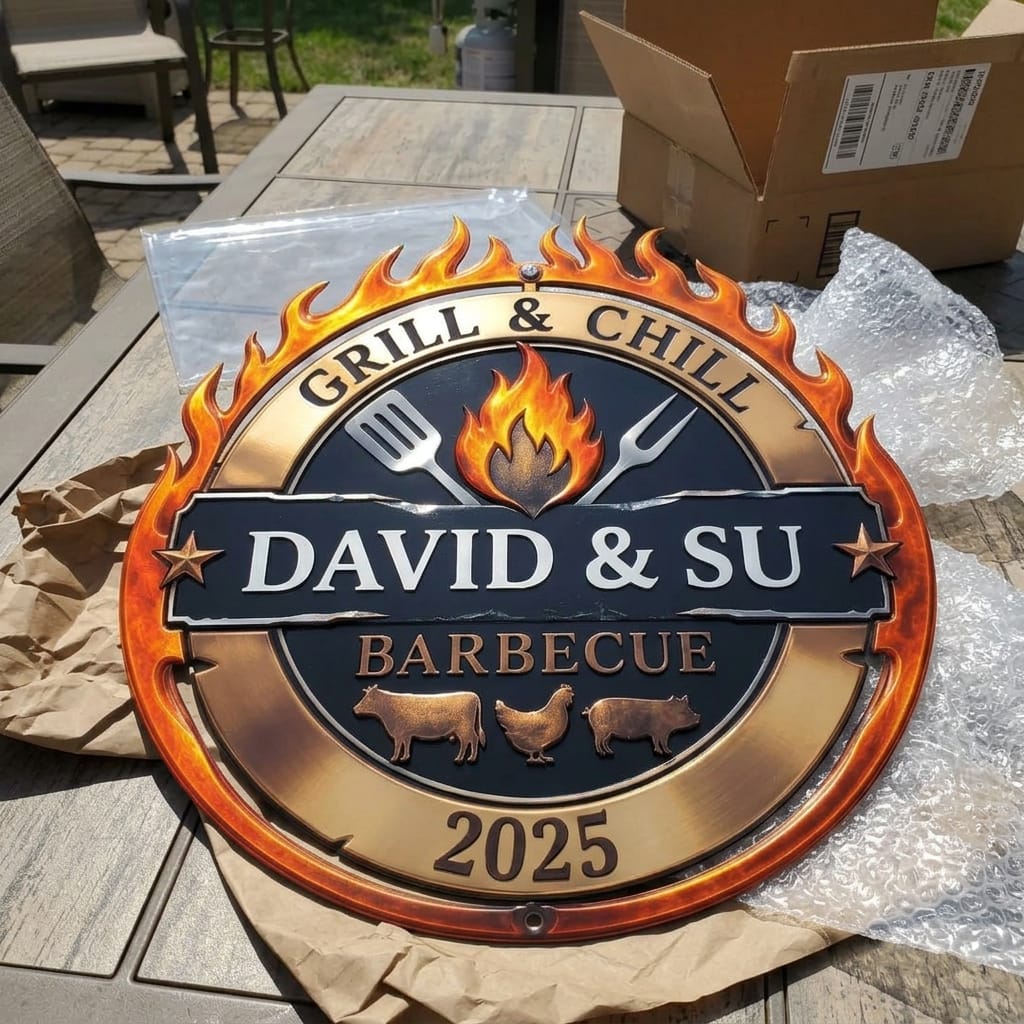 Customer photo review of His BBQ's Favorite Place - Custom Shaped Metal Sign