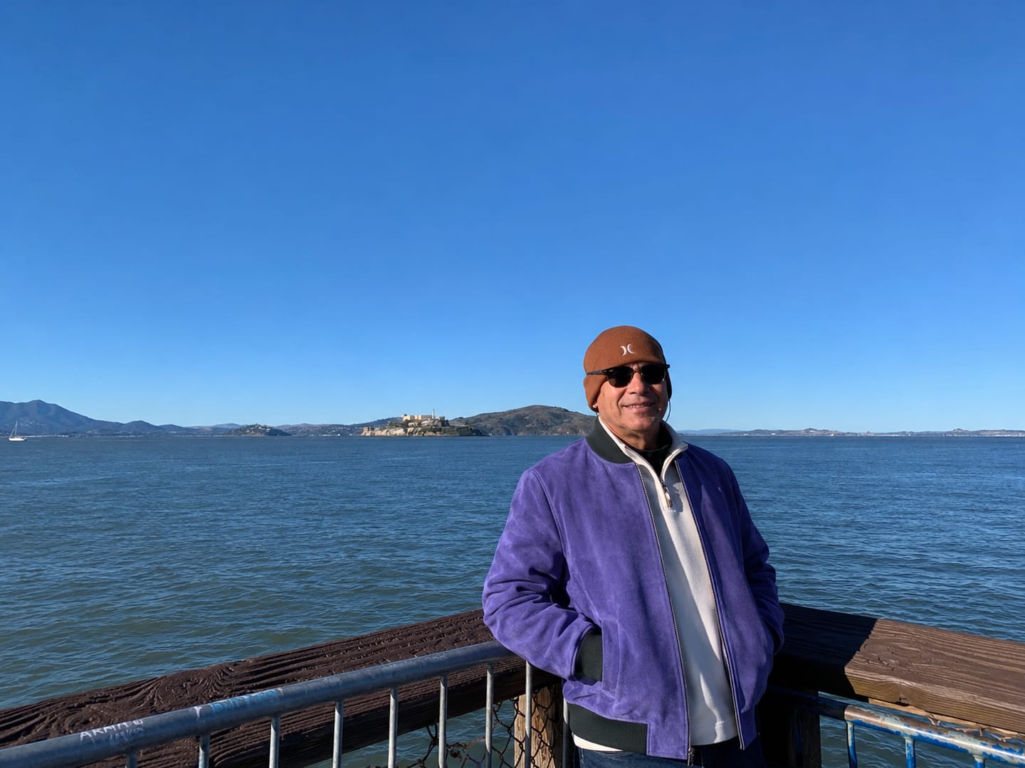 Customer photo review of Solitaire Indigo Suede Leather Bomber Jacket For Men