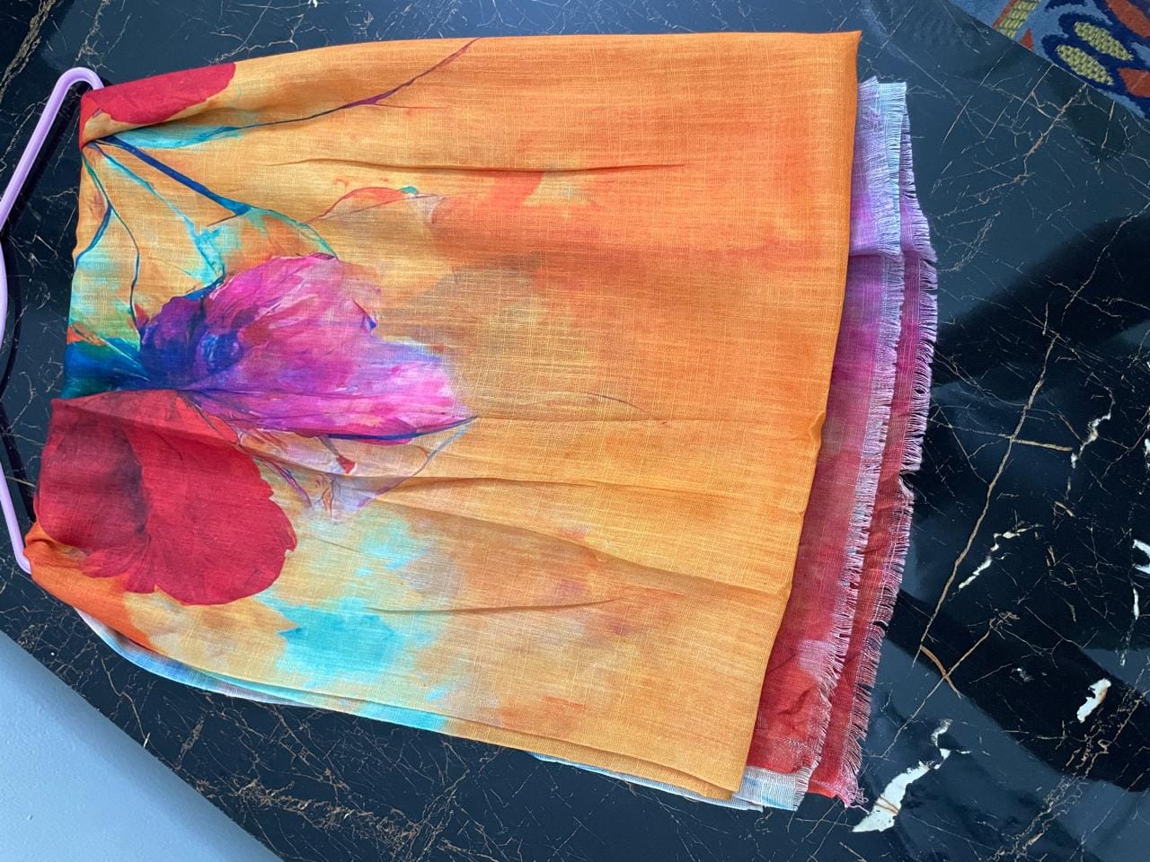 Customer photo review of Slub Lawn Hijab – Orange Teal Watercolor