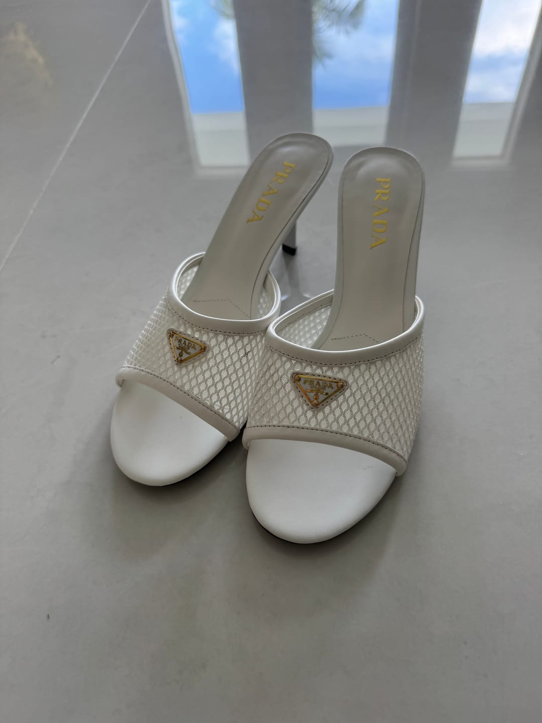 Customer photo review of Prada 2026 Triangle Logo High-Heeled Slides 75mm Mesh Leather 769832
