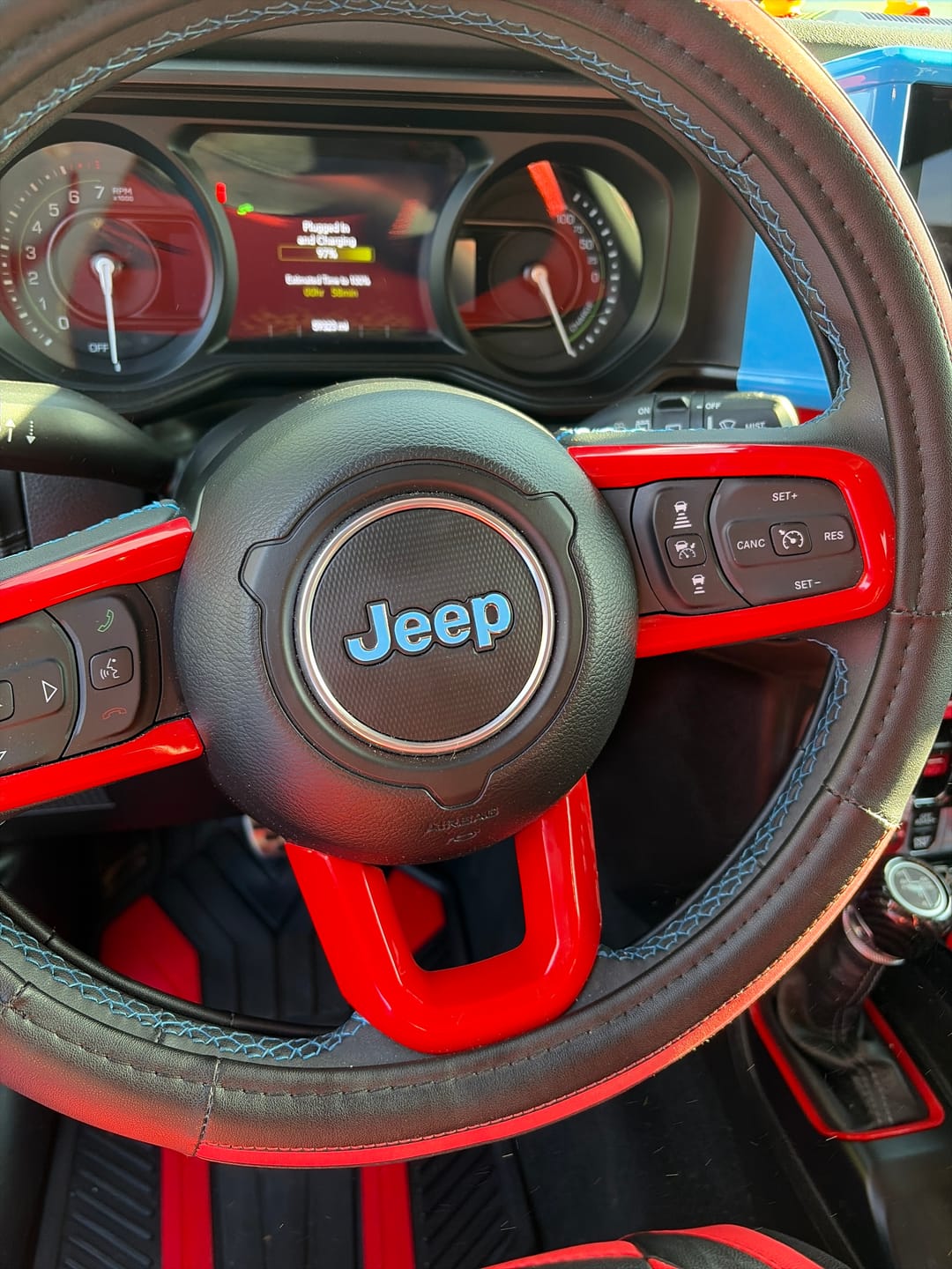 Customer photo review of JEEP Steering Wheel Emblem Overlay Decal — 30+ Colors & Designs (Flag, Topo, Animal, Solid)