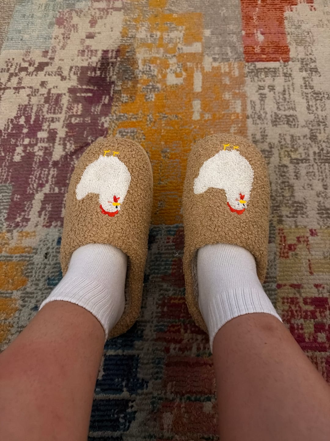 Customer photo review of Brown Fuzzy Chicken Slippers - Adult