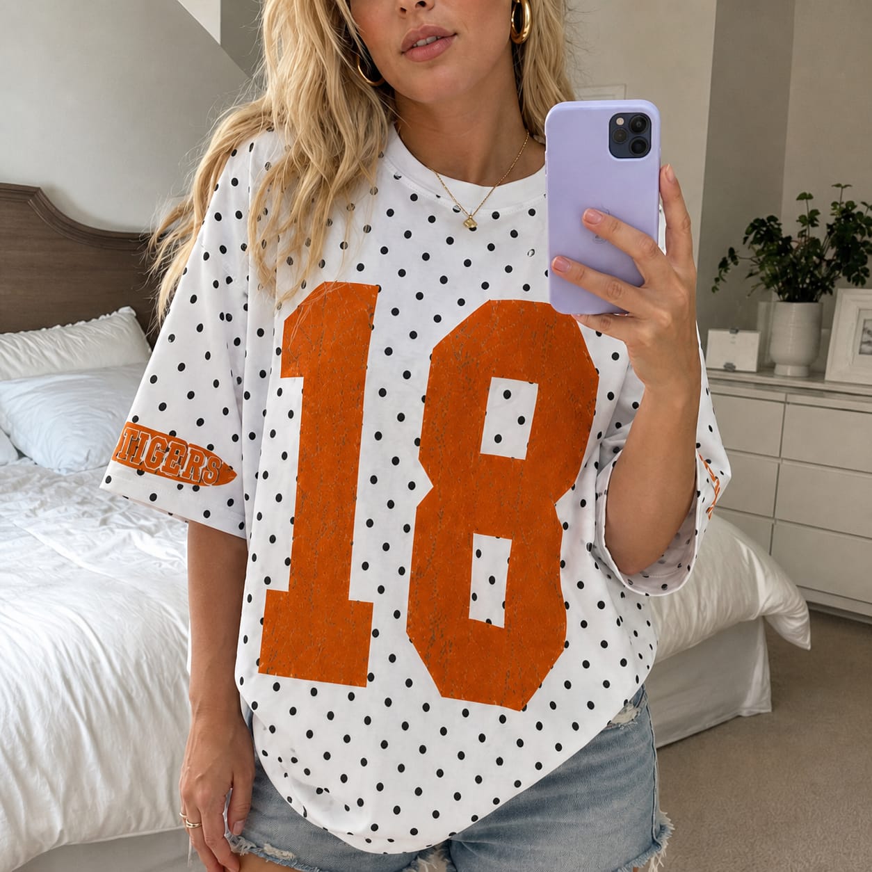 Customer photo review of Custom Vintage Varsity Number or Letter Sport Team Polka Dot T-shirt | Game Day Wear