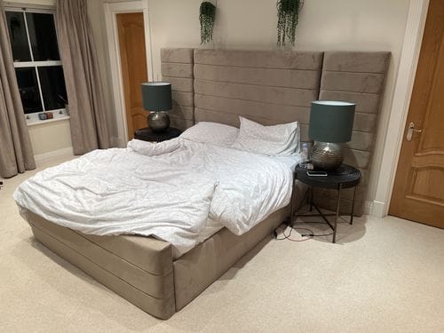 Customer photo review of Leland Wide Headboard Upholstered Line Panel Bed