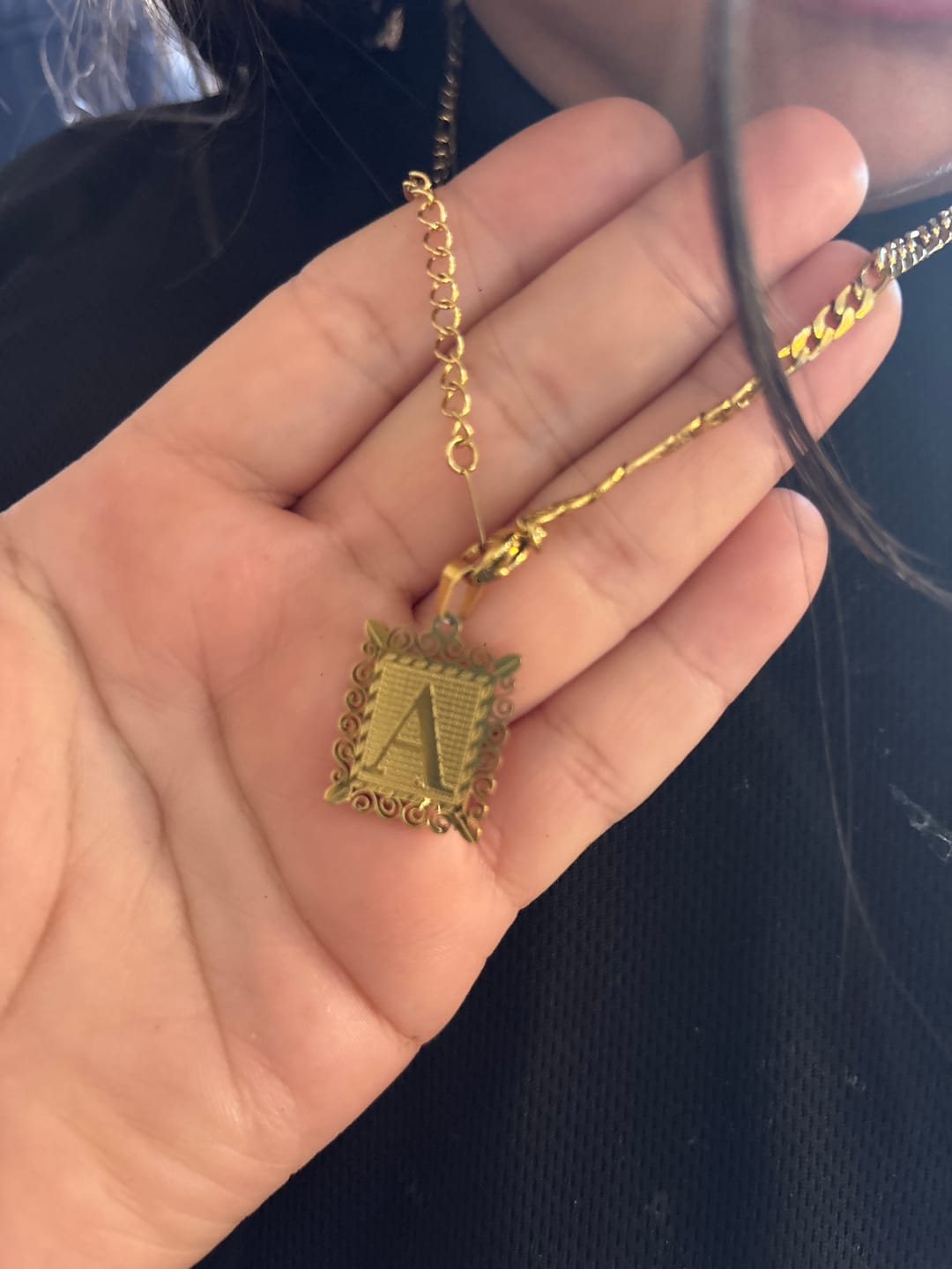 Customer photo review of Embossed Initial Necklace w/ Figaro Chain