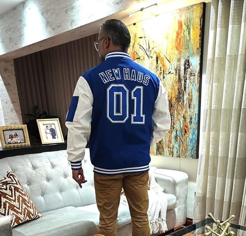 Customer photo review of Custom Navy White Varsity Jacket Full-Snap Embroidered Logo & Name Letterman