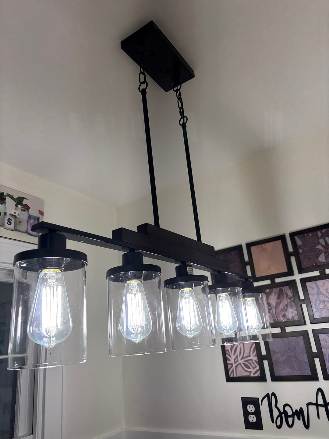 Customer photo review of Farmhouse Linear Glass Wooden Kitchen Island Ceiling Light