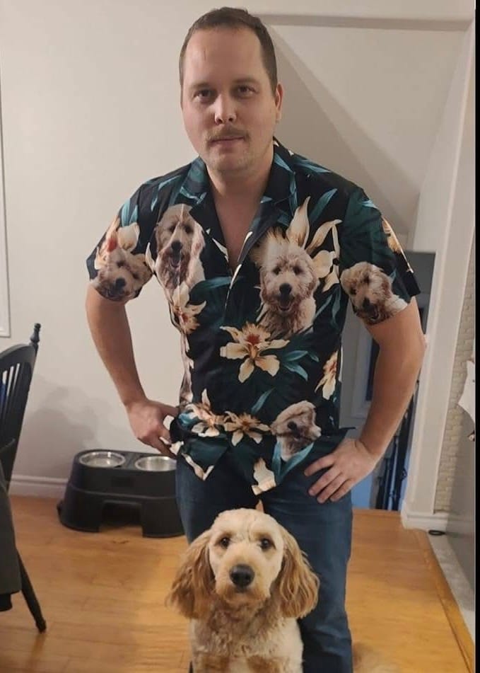 Customer photo review of Custom Hawaiian Shirt For Dog Lovers | Personalized Puppy Lovers Gift | Leaves & Flowers Pattern Dark Green Color Aloha Shirt