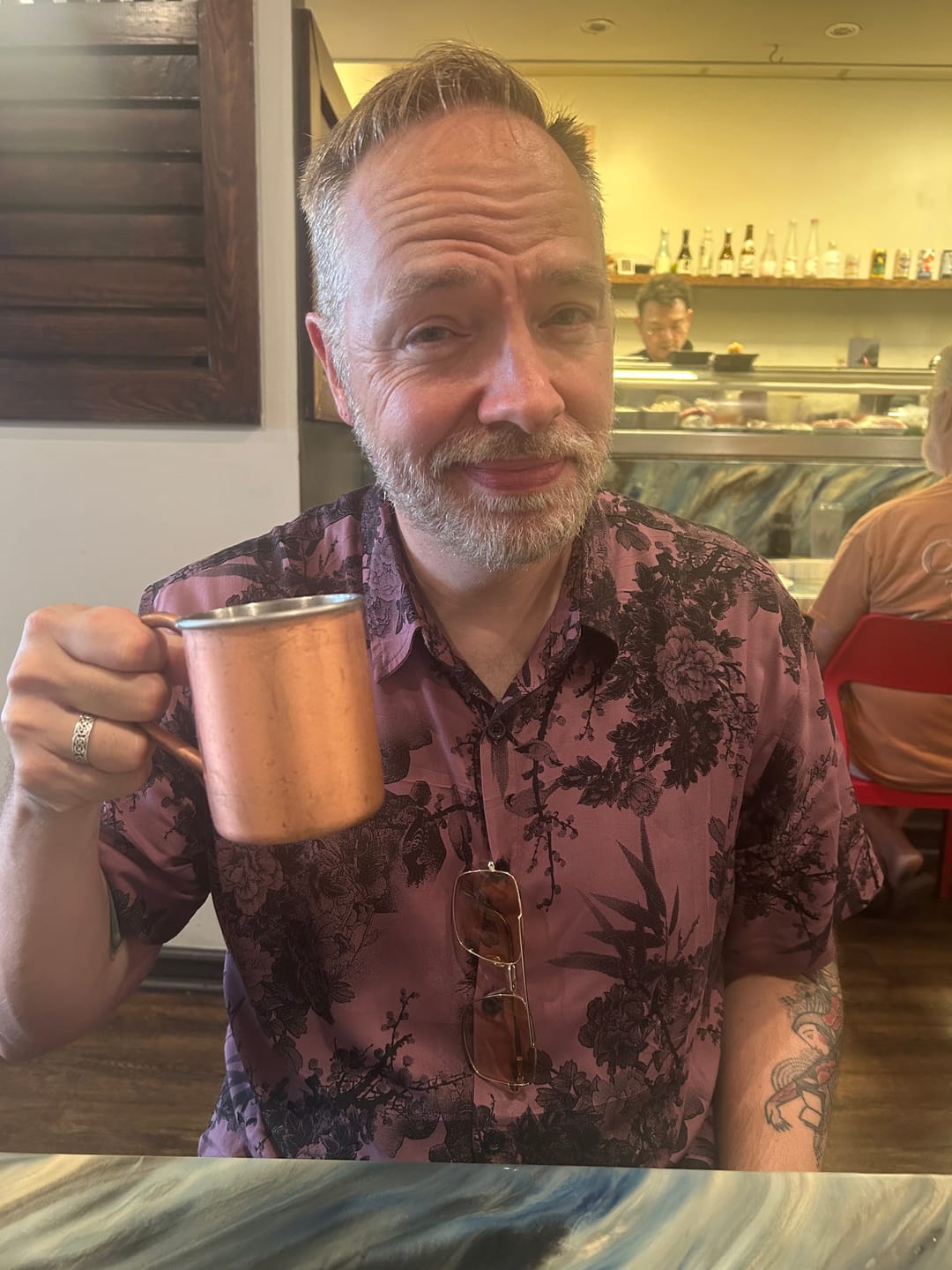 Customer photo review of Men's Bamboo Floral Cool Summer Hawaiian Rayon Pink Button Up Short Sleeve Shirt