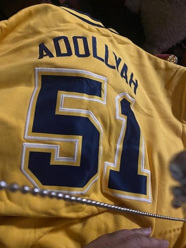 Customer photo review of Custom Gold Purple Varsity Letterman Jackets Personalized Baseball Coats Full-Snap with Contrast Sleeves