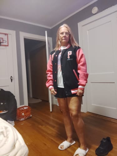 Customer photo review of Personalized Black Pink Letterman Jacket Stitched Full-Snap Coats for Adults