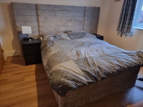 Customer photo review of Leland Wide Headboard Upholstered Line Panel Bed
