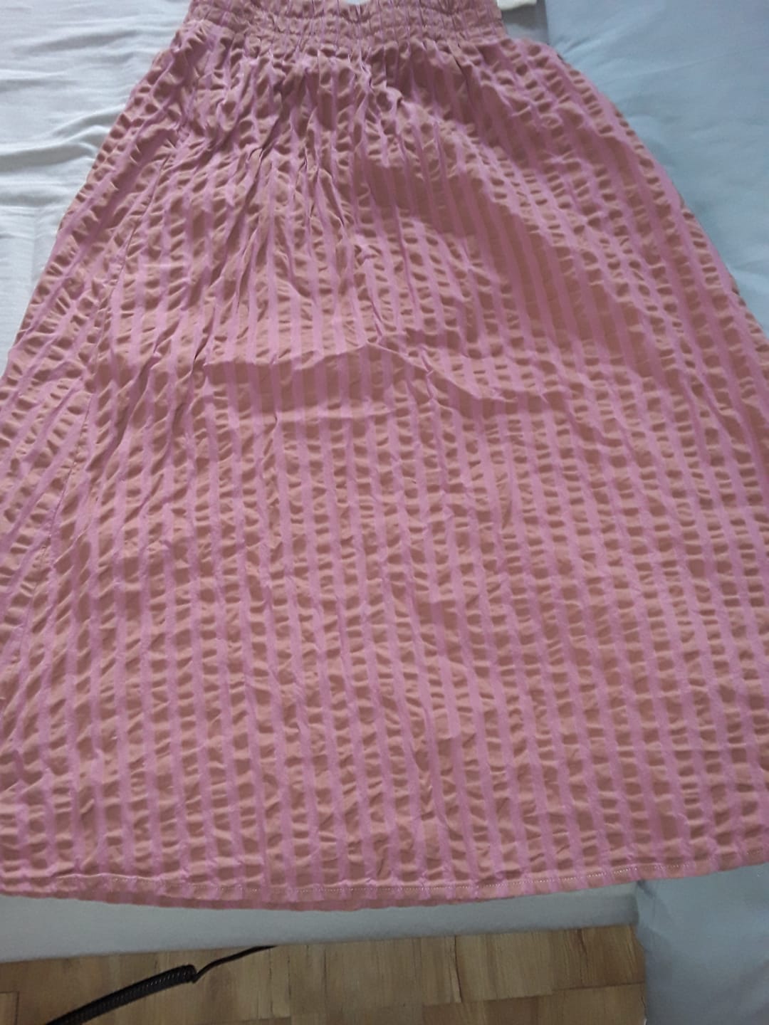 Customer photo review of Jupe Tao — Seersucker de coton rayée figue-noisette