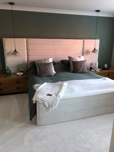 Customer photo review of Leland Wide Headboard Upholstered Line Panel Bed