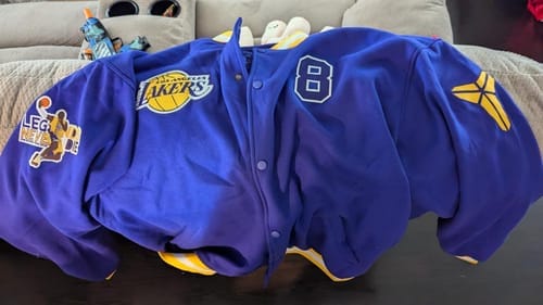 Customer photo review of Custom Royal Gold White Varsity Jacket Full-Snap Breathable Comfort Design
