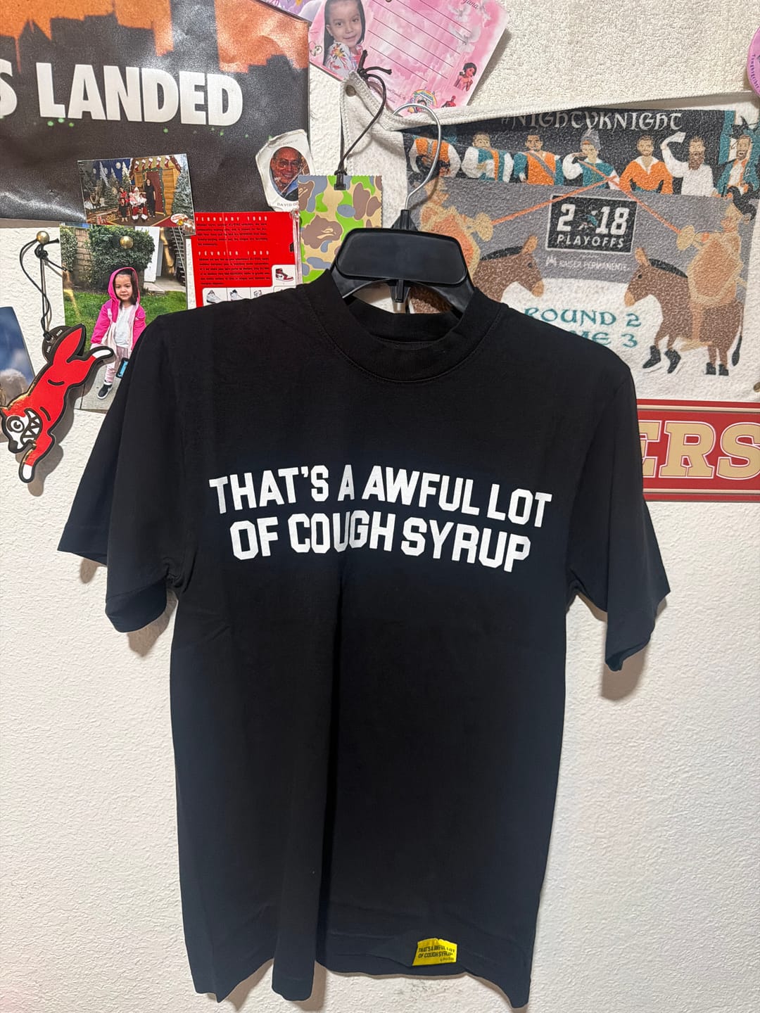 Customer photo review of Awful Lot of Cough Syrup Black Spell Out Tee