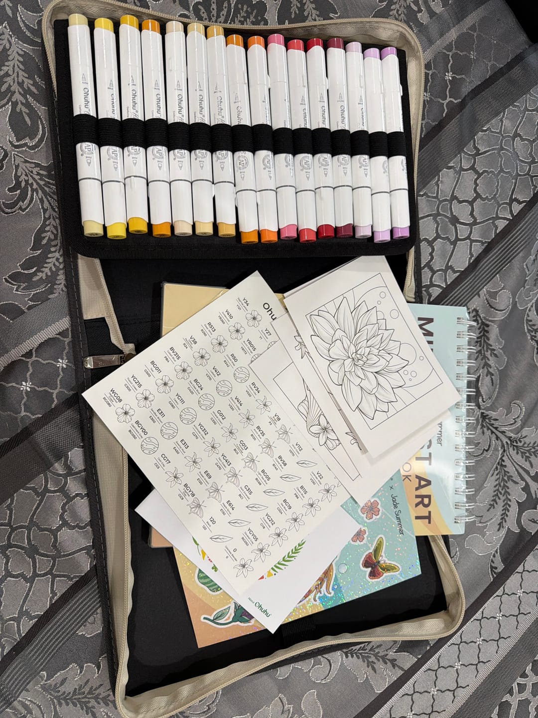 Customer photo review of Ohuhu x Jade Summer Alcohol Markers & Coloring Book Set, 47 Colors + 1 Colorless Blender, Honolulu B, Brush & Fine Dual Tips