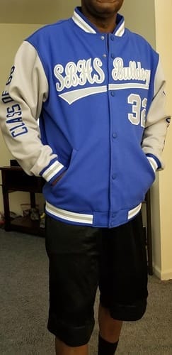 Customer photo review of Custom Royal Gold White Varsity Jacket Full-Snap Breathable Comfort Design