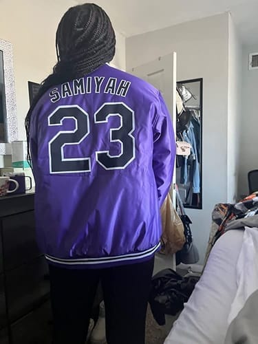 Customer photo review of Custom Black White-Black Varsity Jacket Full-Snap Embroidered Logo & Name Letterman