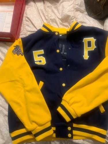 Customer photo review of Custom Gold Purple Varsity Letterman Jackets Personalized Baseball Coats Full-Snap with Contrast Sleeves