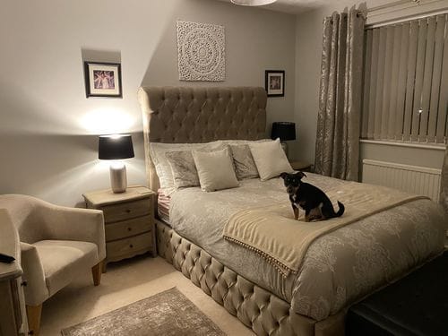 Customer photo review of Trudy Sleigh Scroll Chesterfield Designer Bed