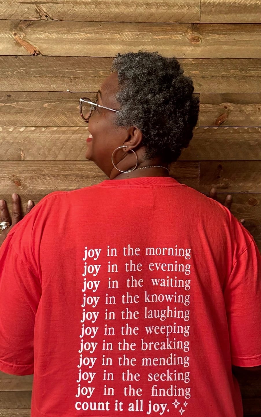 Customer photo review of Count It All Joy Tee - Cherry Red