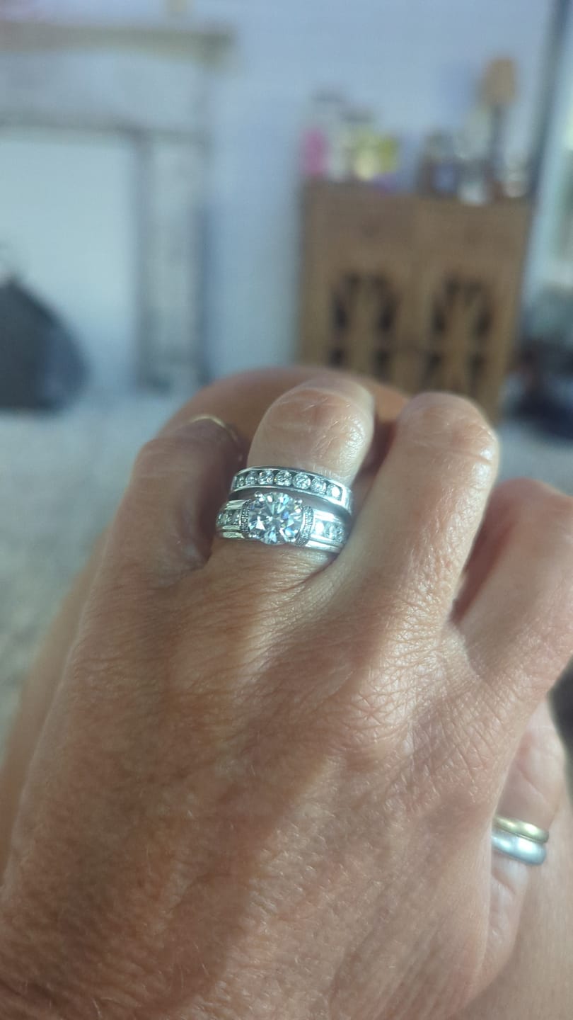 Customer photo review of Moissanite With Channel Set Sapphire Accents Engagement Ring