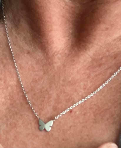 Customer's dainty butterfly pendant necklace worn on a person, showing the metallic charm and delicate chain.