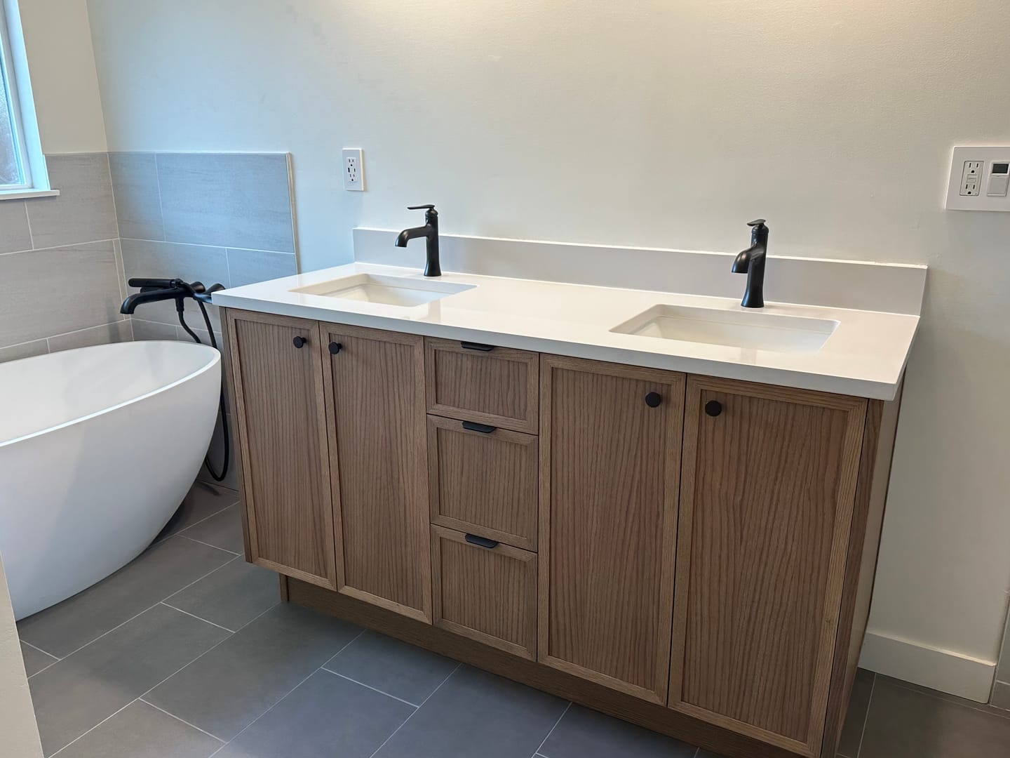 Customer photo review of Cape Breton 60" Mid Century Oak Bathroom Vanity, Double Sink