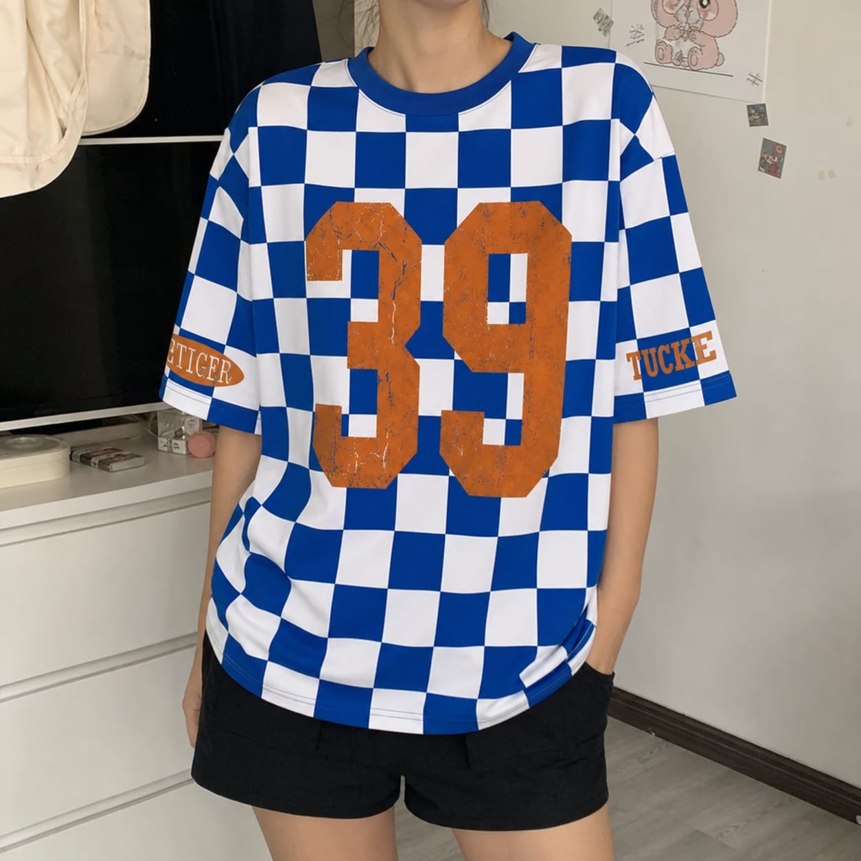 Customer photo review of Custom Vintage Varsity Number or Letter Sport Team Checkered T-shirt | Game Day Wear
