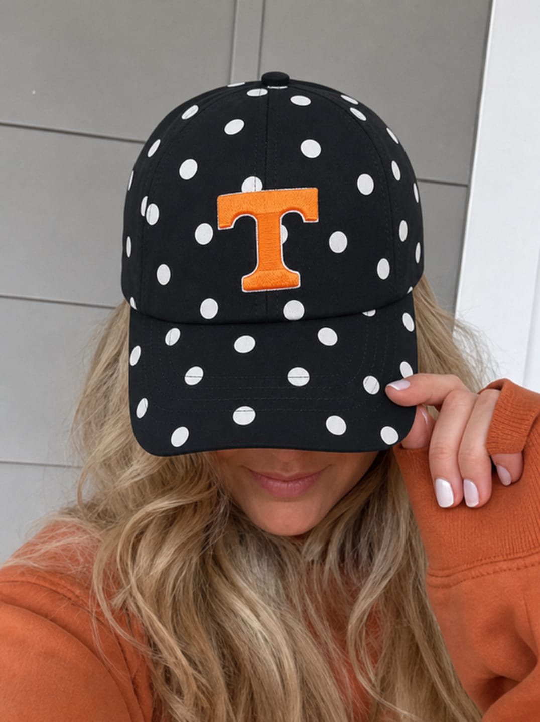 Customer photo review of Personalized State Initial Polka Dot Baseball Cap – Custom Letter Game Day Hat | Game Day Wear