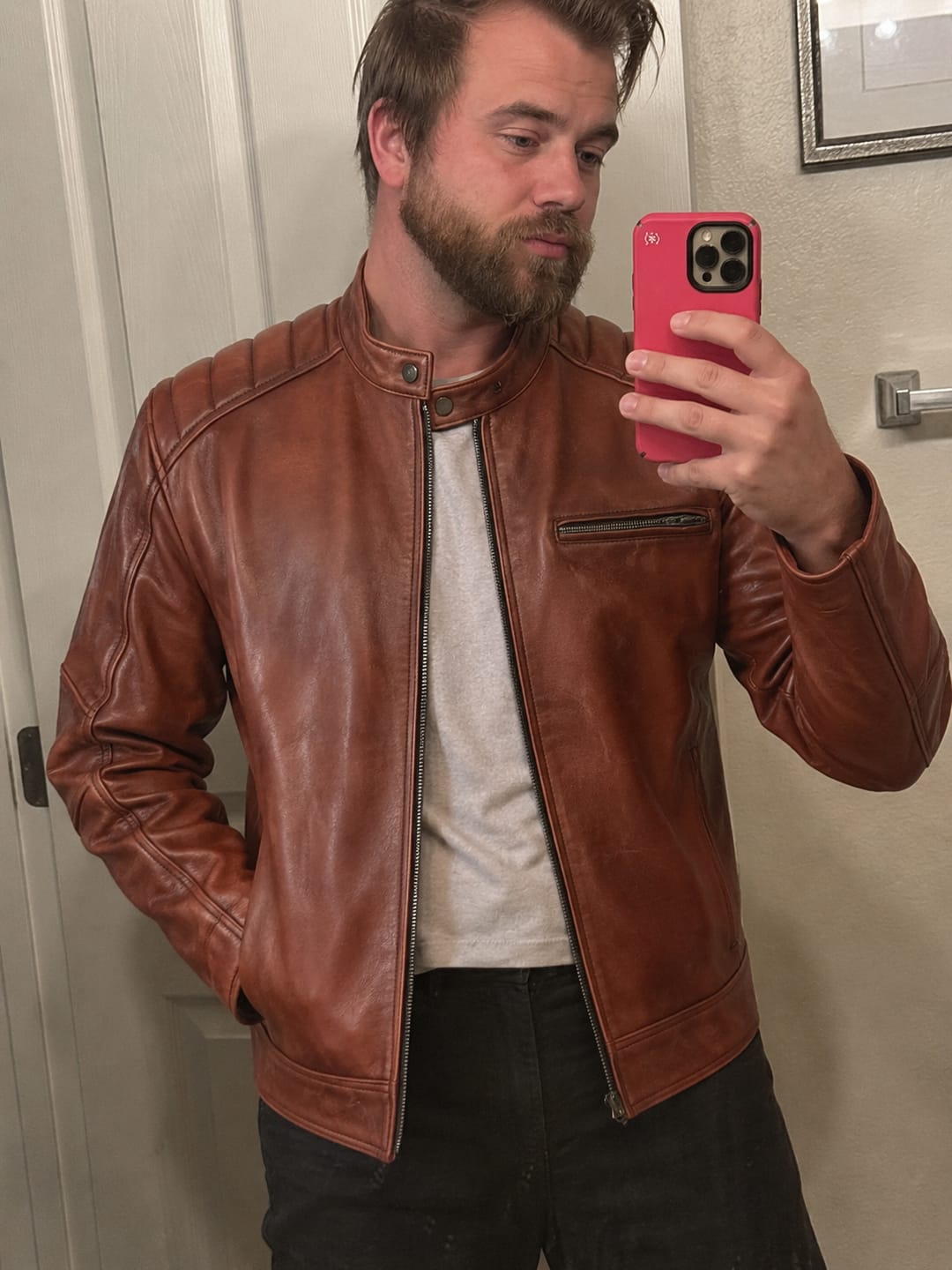 Customer photo review of Zippy Cognac Brown Leather Cafe Racer Jacket For Men