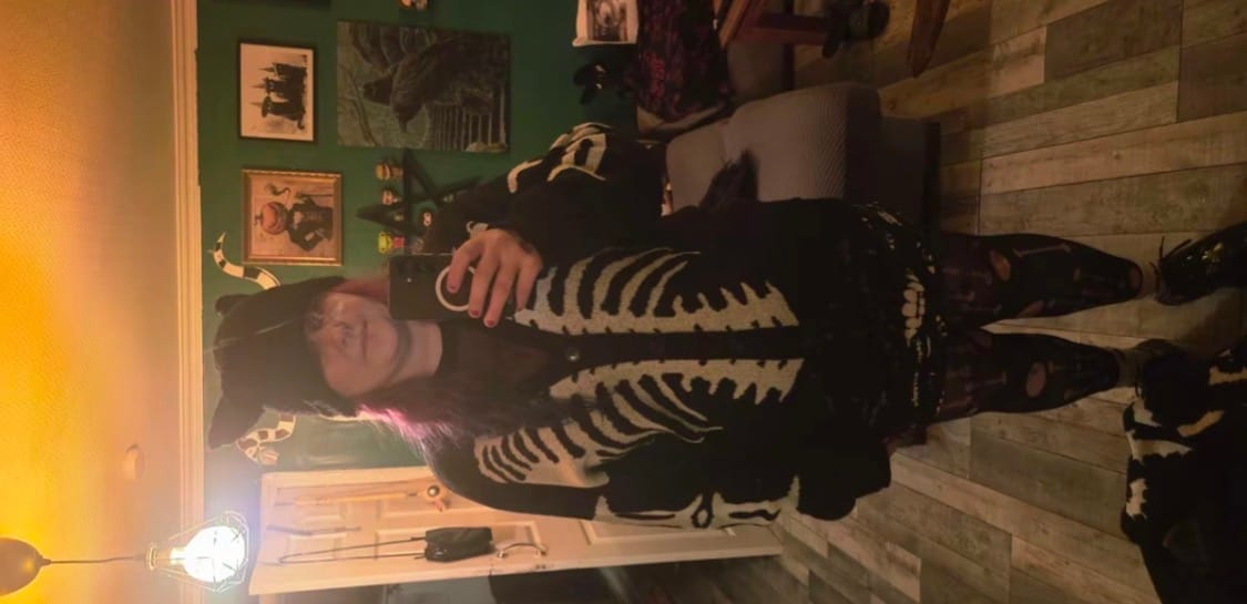 Customer photo review of Halloween Skeleton Knit Cardigan | V-Neck Button Down Sweater