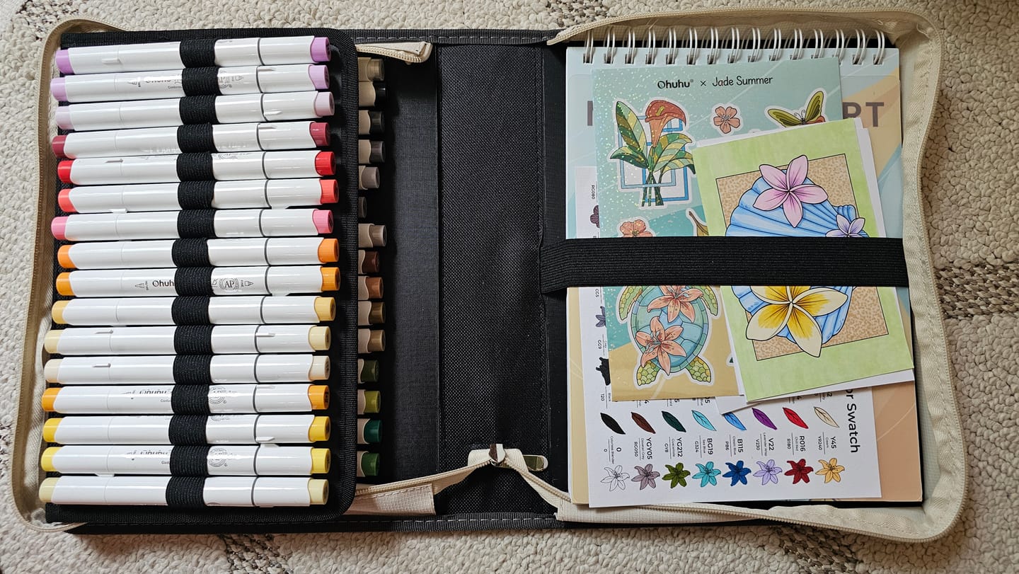 Customer photo review of Ohuhu x Jade Summer Alcohol Markers & Coloring Book Set, 47 Colors + 1 Colorless Blender, Honolulu B, Brush & Fine Dual Tips