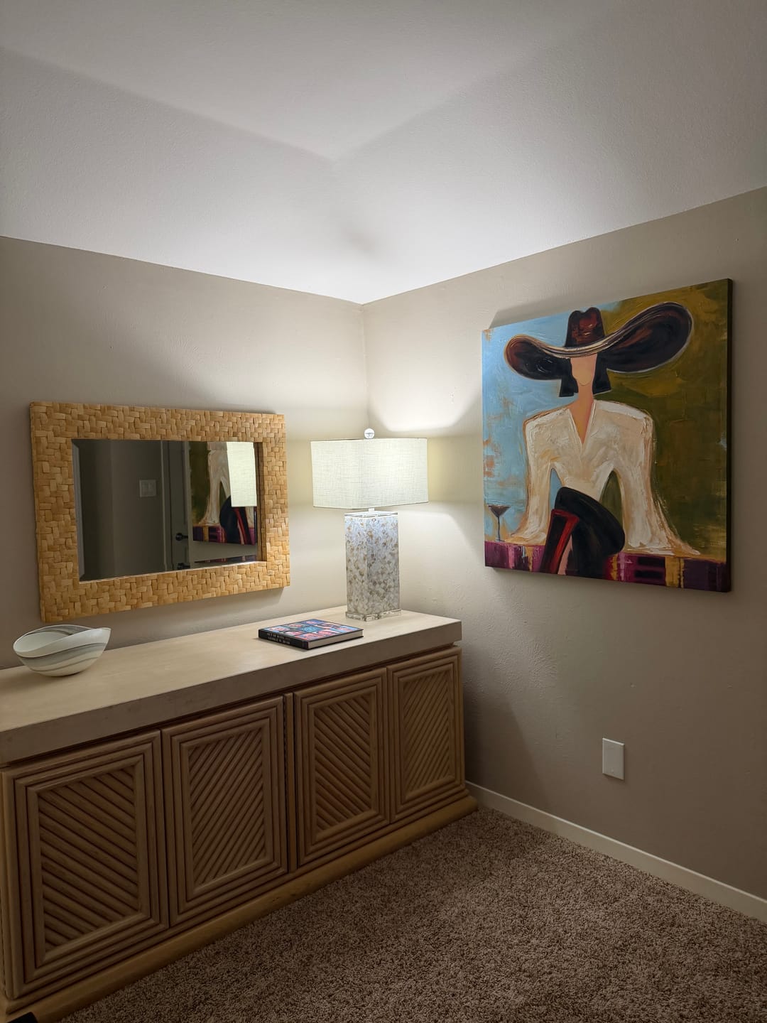 Customer photo review of Black Brim Cocktail – Woman in Hat with Martini Painting | Vintage Americana Square Art
