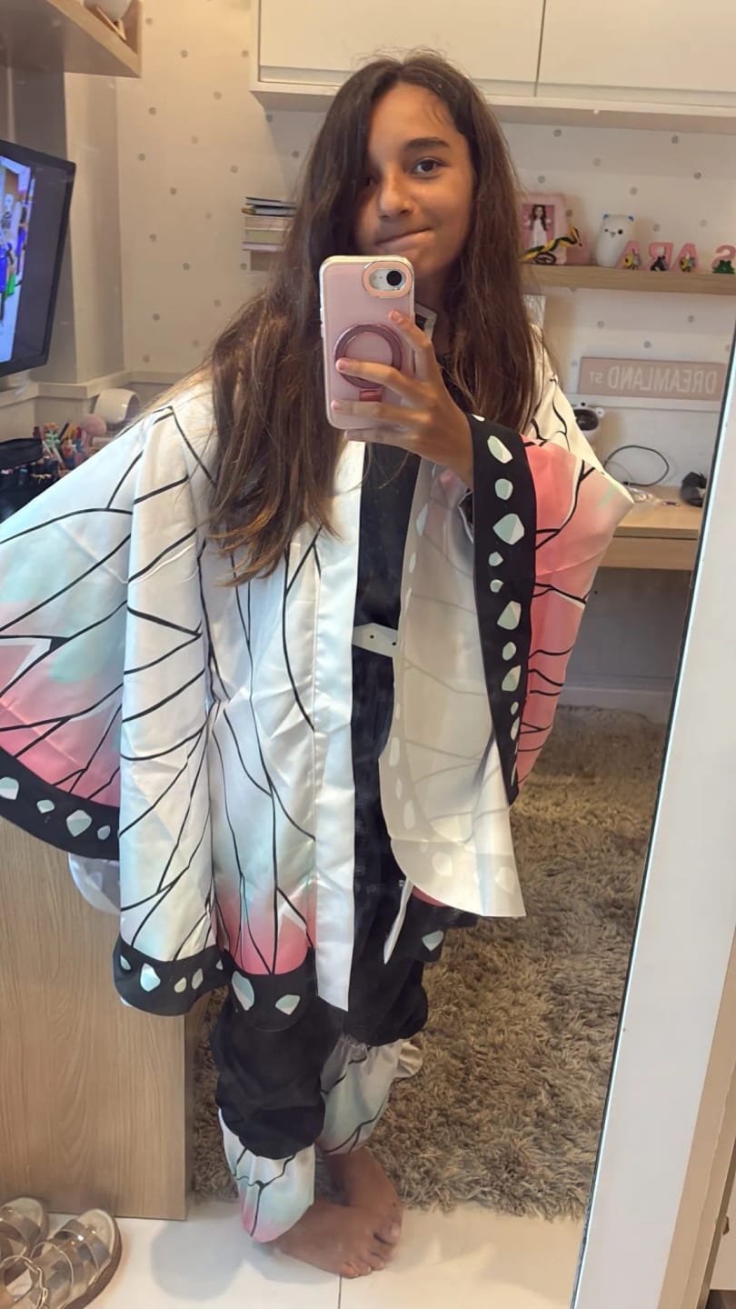 Customer photo review of AnimeKochou Shinobu Cosplay Costume  Kochou Uniforms Wigs Hairs Halloween For Kids Adult Cos Party