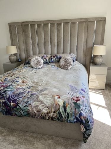 Customer photo review of Lucy Chrome Strip Wide Headboard Panelled Bed