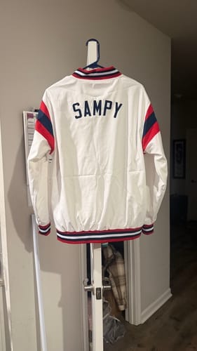 Customer photo review of Custom White Red-Navy Bomber Jacket Full-Zip Shoulder Color Block Varsity Jacket