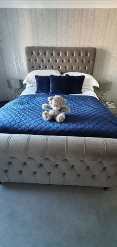 Customer photo review of Walker Upholstered Chesterfield Sleigh Scroll Bed