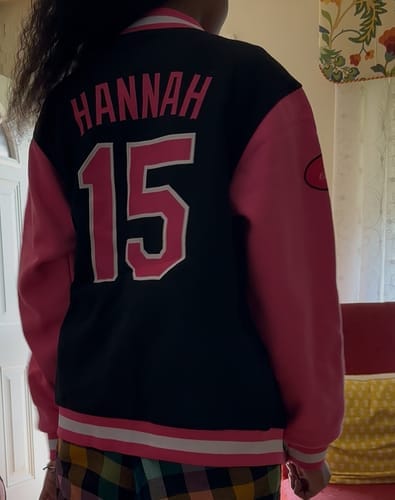 Customer photo review of Personalized Black Pink Letterman Jacket Stitched Full-Snap Coats for Adults